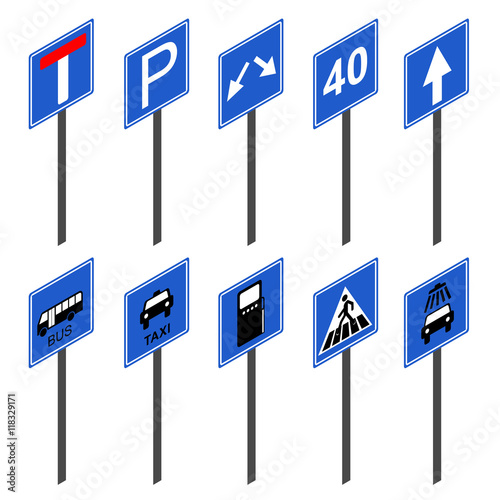 European traffic signs collection. Flat 3d vector isometric concept.
