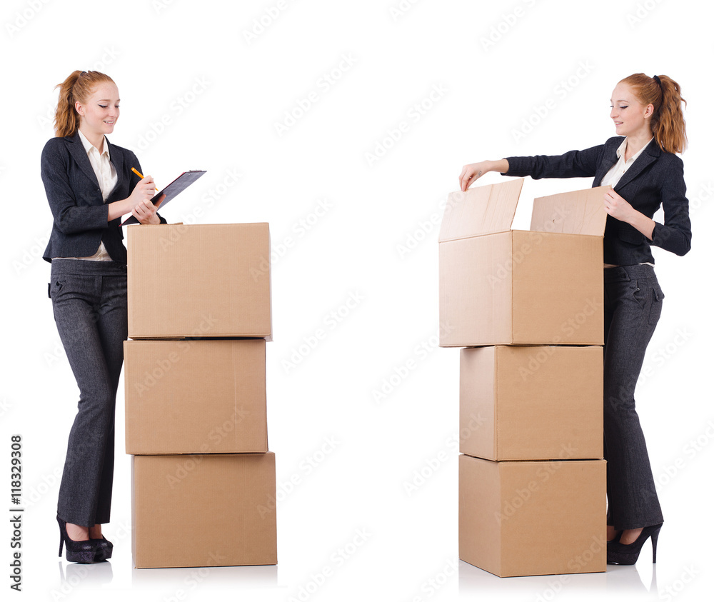 Businesswoman with boxes isolated on white Businesswoman with boxes isolated on white