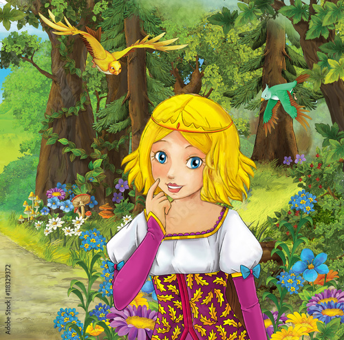 Cartoon scene with cute princes in the forest - beautiful manga girl - illustration for children