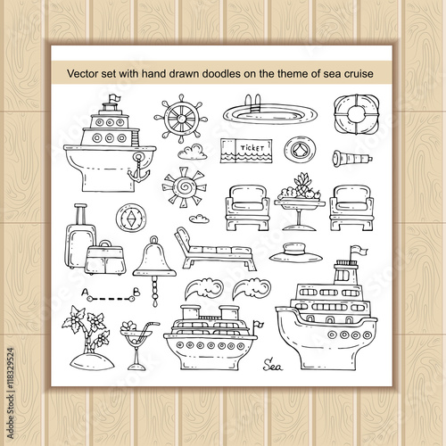 Vector set with hand drawn isolated doodles on the theme of sea cruise, travel symbols
