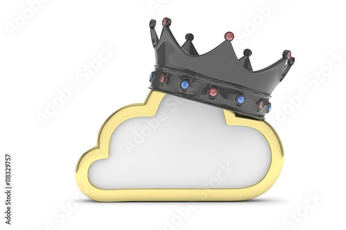 Cloud with black crown on white background. Model of best network, database, cloud storage. Royal technology. 3D rendering.