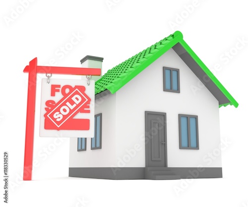 Isolated model of house with sign for sale sold. Concept of real estate, new apartment and moving to a new house. 3D rendering.