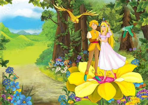 Fototapeta Naklejka Na Ścianę i Meble -  Cartoon scene with cute prince and princess in the forest - beautiful manga girl - illustration for children