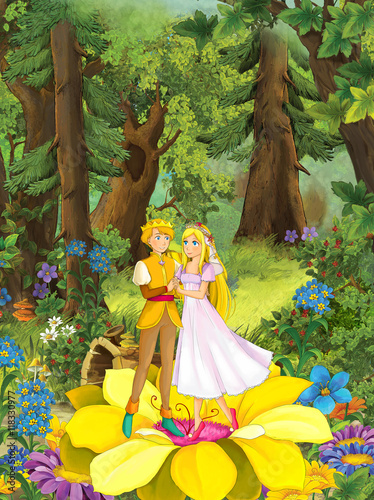 Fototapeta Naklejka Na Ścianę i Meble -  Cartoon scene with cute princes in the forest - beautiful manga girl - illustration for children
