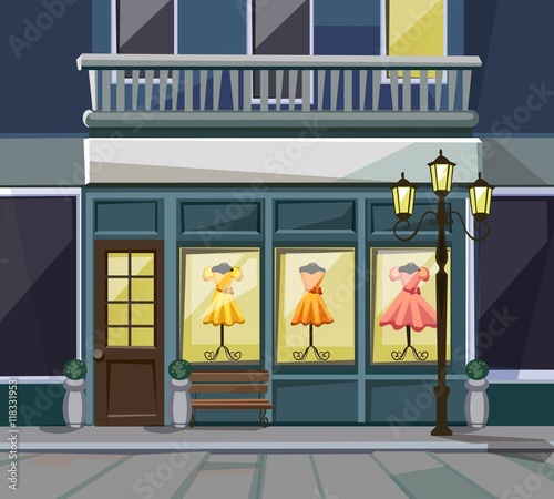 Vector Old Europian Shop Boutique Museum Restaurant Cafe Store Front with Big Windows, Place for Name, Greenery, Street Lanterns and Paving Stones