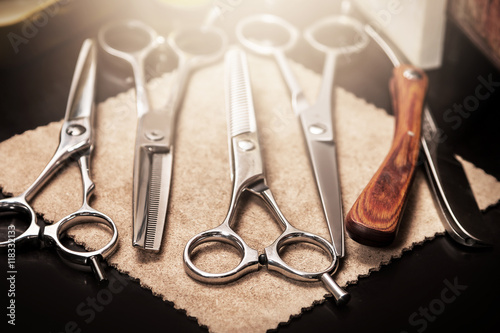 Photography Straight razor and different scissors