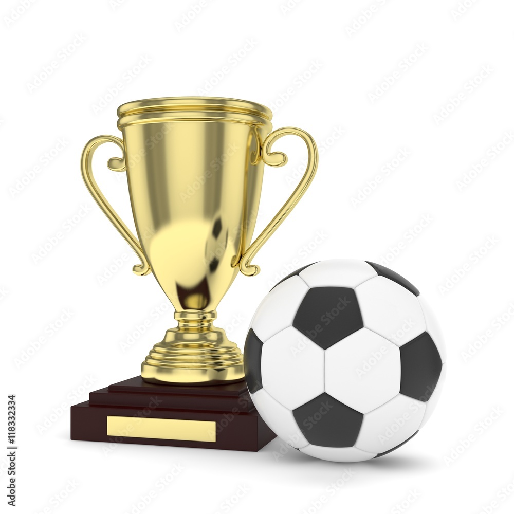 Fototapeta premium Isolated golden cup with ball on white background. Soccer and football. First place trophy. Game and competition. 3D rendering