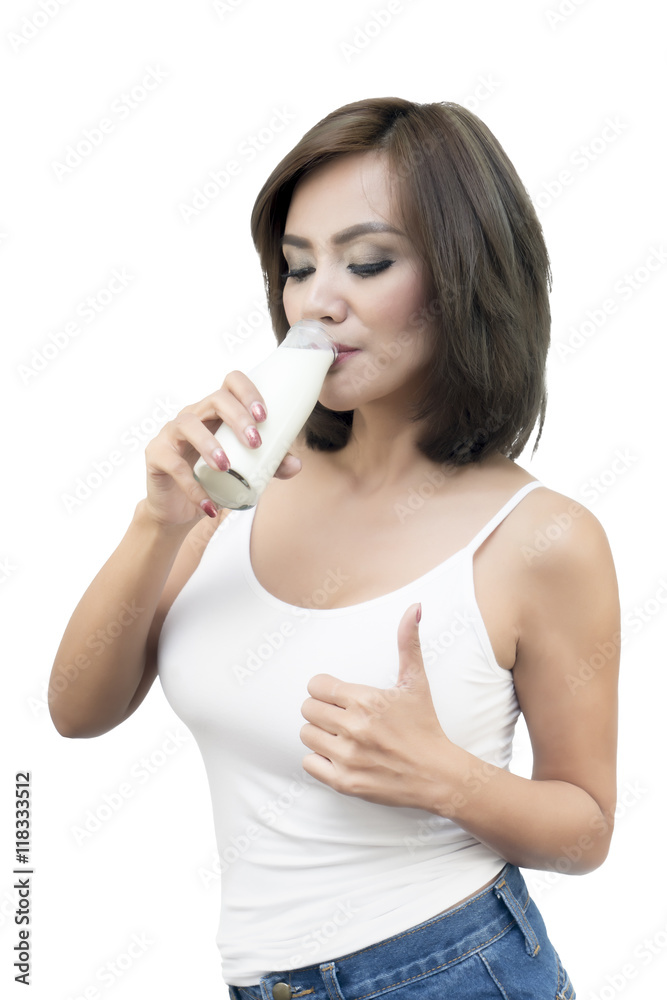 Happy woman drinking milk and show thumb up Happy woman drinking milk and show thumb up