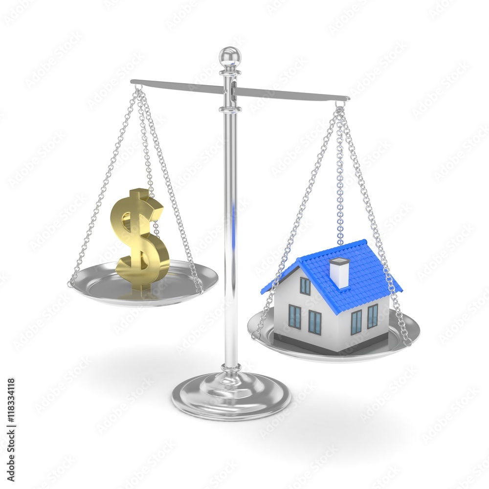 Isolated silver scales with golden dollar and house on white background. Investment or savings concept. Real estate and currency. 3D rendering. Isolated silver scales with golden dollar and house on white background. Investment or savings concept. Real estate and currency. 3D rendering.