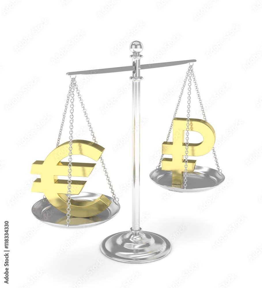 Isolated silver scales with golden euro and ruble currency. Russian and european finance. Measuring of market stability. 3D rendering. Isolated silver scales with golden euro and ruble currency. Russian and european finance. Measuring of market stability. 3D rendering.