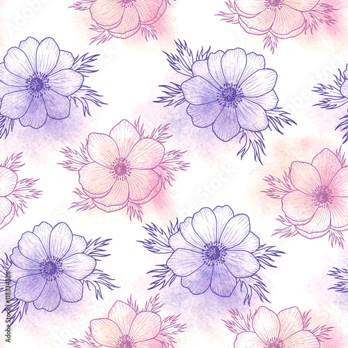 Floral seamless pattern of watercolor flower anemone in pantone Rose quartz and Serenity  flower seamless pattern for card  holiday  wedding  birthday  textile  wallpaper  wrapping Vector flower