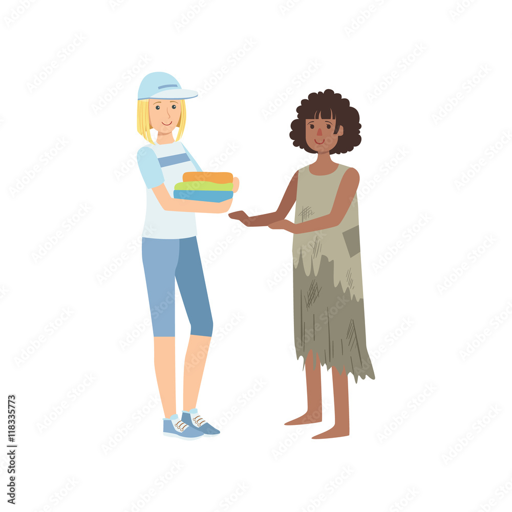 Girl Volunteer Giving Clean Clothes To Poor Woman Girl Volunteer Giving Clean Clothes To Poor Woman