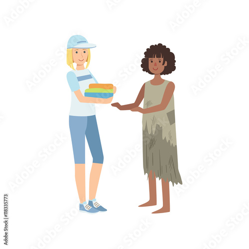 Girl Volunteer Giving Clean Clothes To Poor Woman