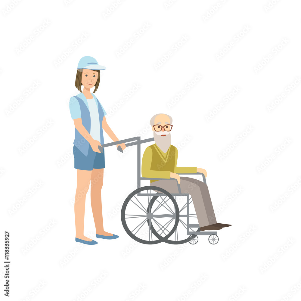 Volunteer Rolling Old Man In Wheelchair