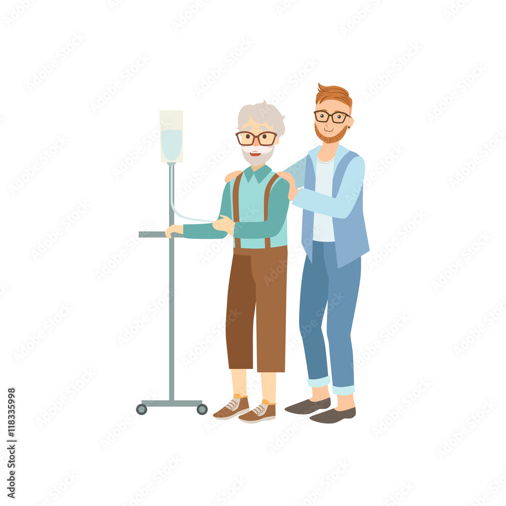 Fototapeta premium Volunteer Helping Old Man With Iv In Hospital