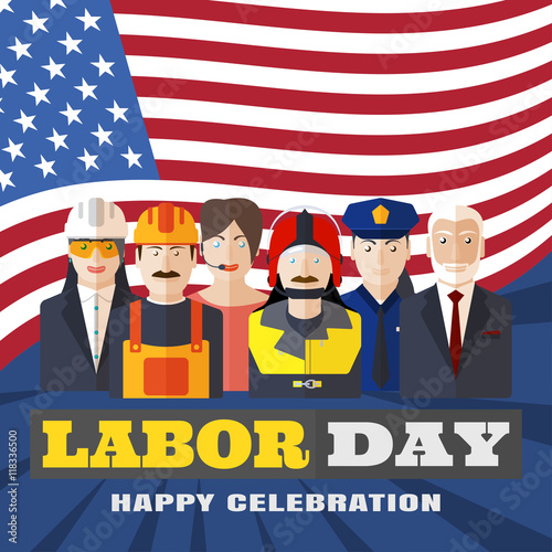 Vector poster of Happy Labor Day with different professions on the background with rays and flag.