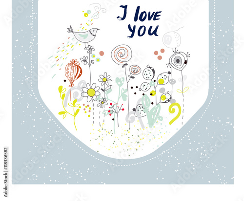 I love you card with flowers and birds
