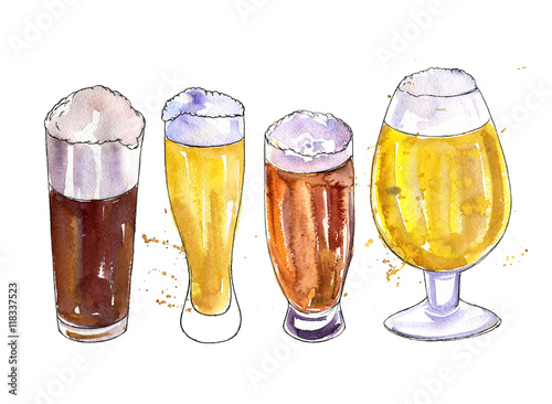 mugs and glasses with beer