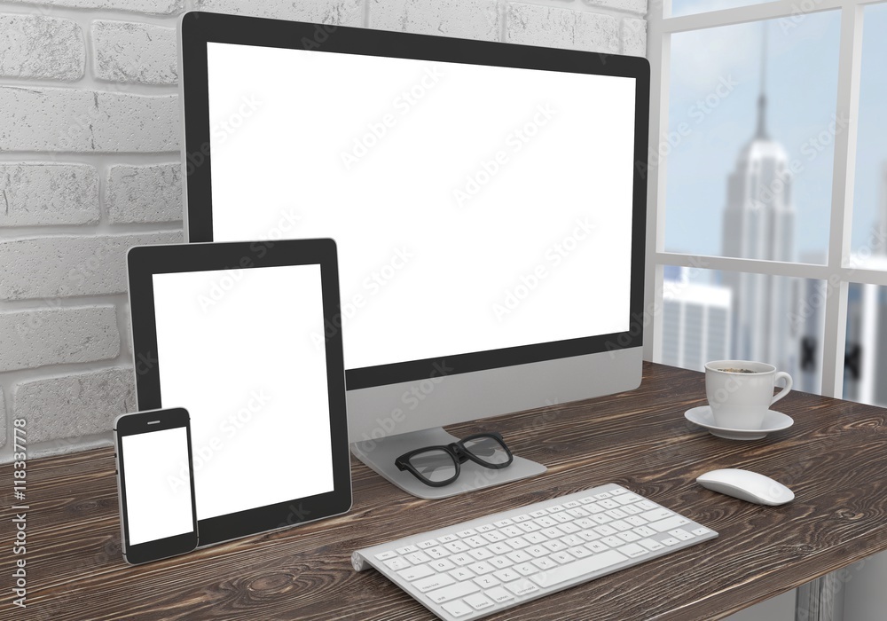 Responsive mockup screen. Monitor, tablet, phone on table in office. 3d rendering.