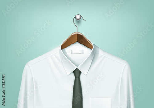 Vector Clothes Coat Brown Wooden Hanger with White Shirt and Black Tie Close Up Isolated on Background