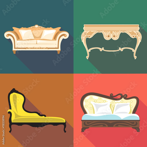 Bedroom home decoration icon set, flat style. Digital vector image
