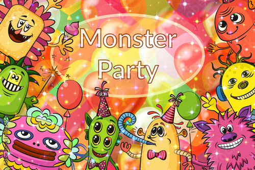 Background for Your Holiday Party Design with Different Cartoon Monsters, Colorful Illustration with Cute Funny Characters and Valentine Balloons. Eps10, Contains Transparencies. Vector