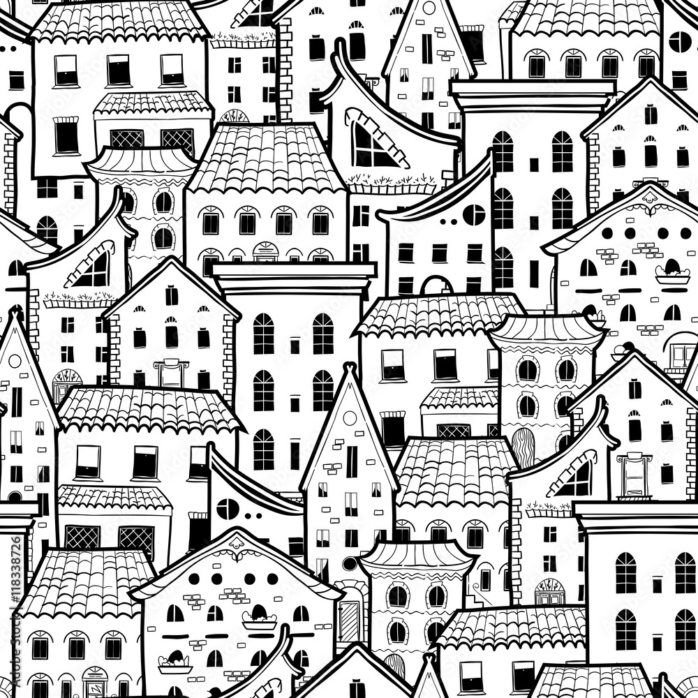 Light seamless pattern with houses, doodle house vector background, monochrome house wallpaper, good for design fabric, wrapping paper, postcards, EPS 8