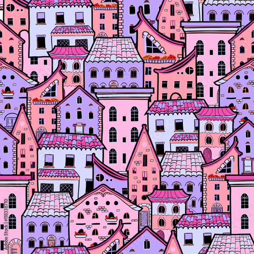 Seamless pattern with houses, doodle house vector background, cute colorfull houses, good for design fabric, wrapping paper, postcards, EPS 8