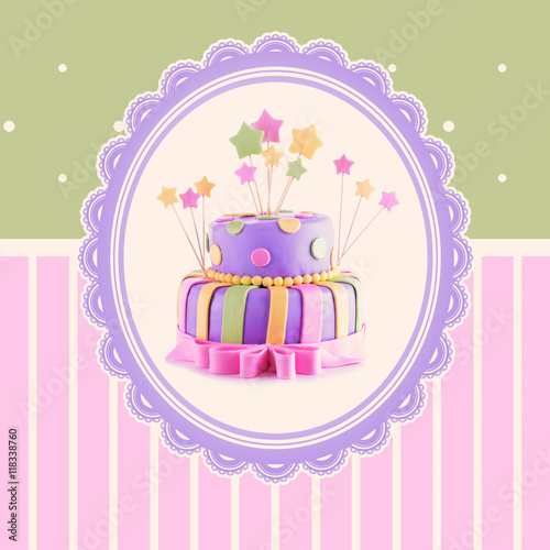 Greeting card with delicious cake. Vintage style.