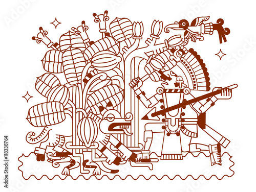 sketch drawing aztec cacao bean, leaves, nibs, pattern