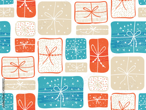 Gifts pattern with red and blue present boxes. Seamless vector background.