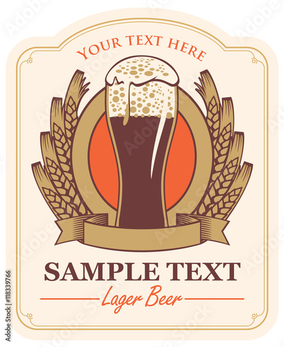 beer label with a glass and a wreath of wheat