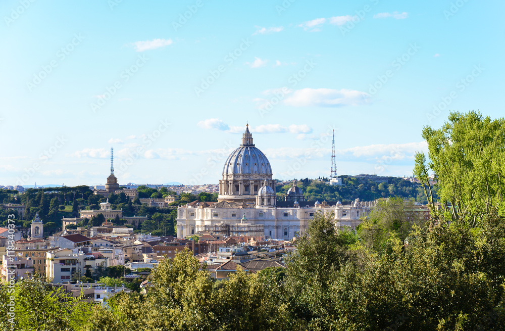 Rome (Italy) - The famous Janiculum hill and terrace, with emotional cityscape on the Italy capital. Here: Saint Peter Basilica