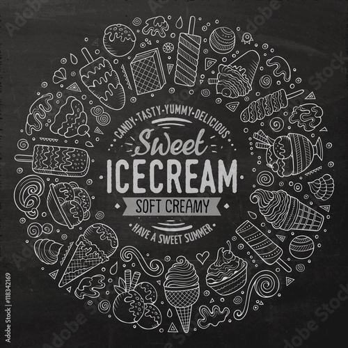 Set of Ice Cream cartoon doodle objects, symbols and items