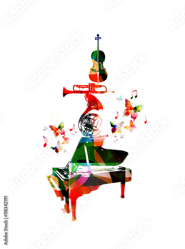 Vector illustration for music inspires, combining colorful music instruments, piano, french horn, trumpet and violoncello