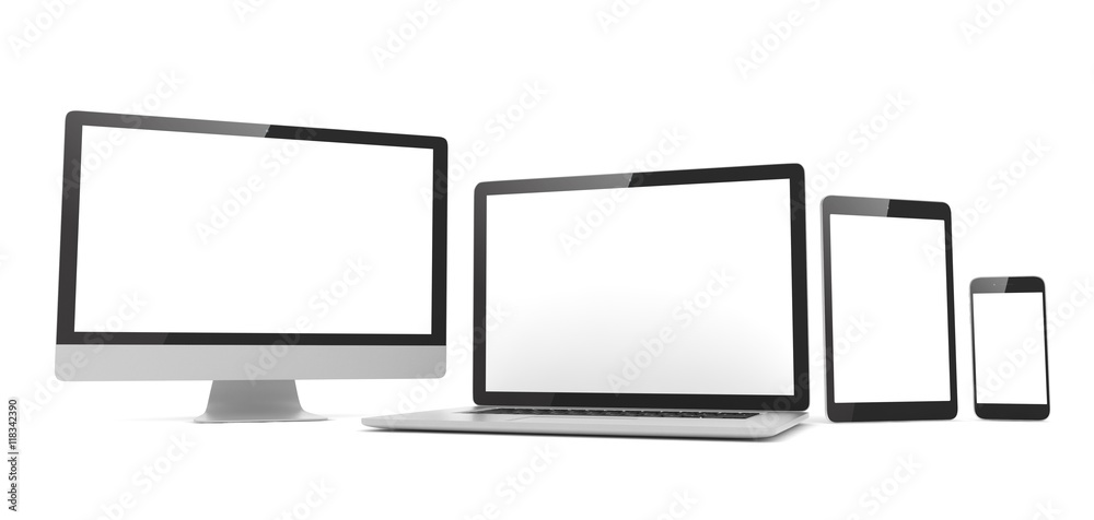 Responsive web design, laptop, smartphone, tablet, computer, display. 3d rendering. Responsive web design, laptop, smartphone, tablet, computer, display. 3d rendering.