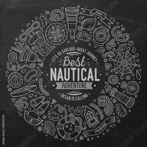 Set of Nautical cartoon doodle objects, symbols and items