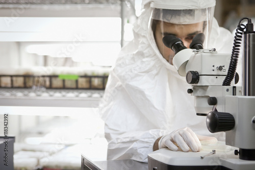 Middle Eastern scientist using microscope in laboratory