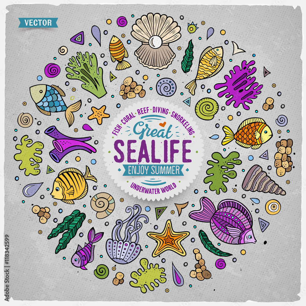 Obraz premium Set of Sealife cartoon doodle objects, symbols and items