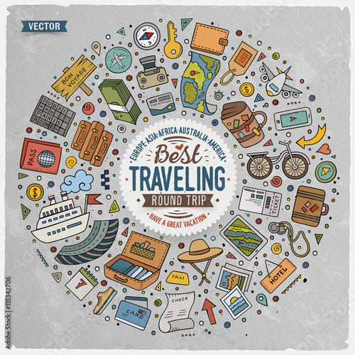Round frame Travel cartoon objects, symbols and items