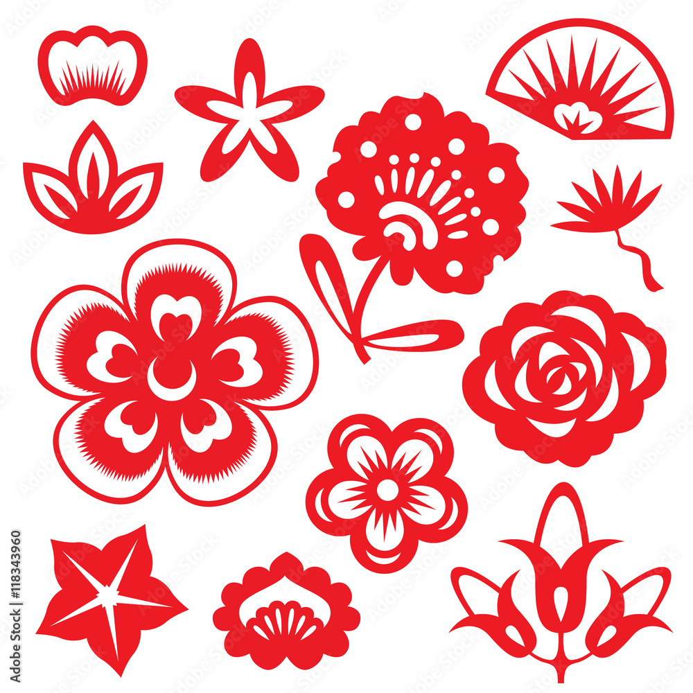 Red paper cut flowers china vector set design
