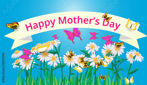 greeting card to mother day with stylized flowers and ribbon wit