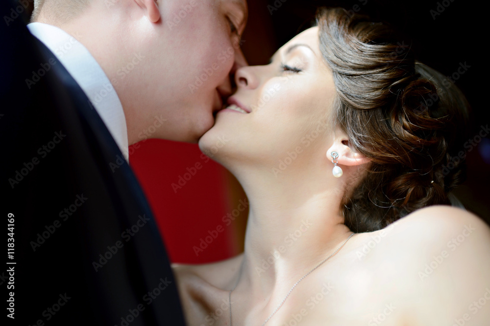 Wedding couple indoors is hugging each other. Beautiful model girl in white dress. Man in suit. Beauty bride with groom. Female and male portrait. Woman with lace veil. Cute lady and handsome guy Wedding couple indoors is hugging each other. Beautiful model girl in white dress. Man in suit. Beauty bride with groom. Female and male portrait. Woman with lace veil. Cute lady and handsome guy
