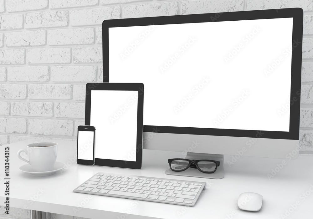 Responsive mockup screen. Monitor, tablet, phone on table in office. 3d rendering. Responsive mockup screen. Monitor, tablet, phone on table in office. 3d rendering.