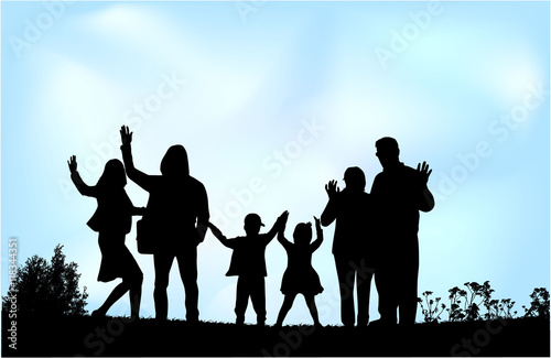 Generational family on the outside. Black silhouettes.