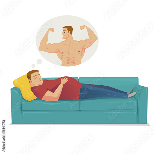 Fat Man dreaming about hardy shape. Vector flat illustration.