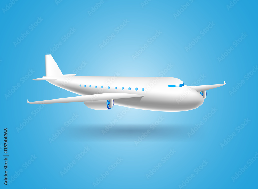 Fototapeta premium poster with white passenger airliner with shadow on blue backgro