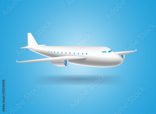 poster with white passenger airliner with shadow on blue backgro