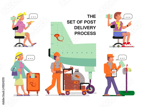 the set of post delivery process with girl, couriers, the post a