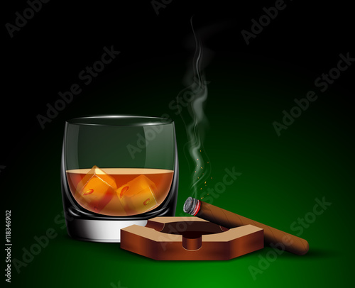Poster with glass of whiskey with ice cubes, ashtray and cigar.